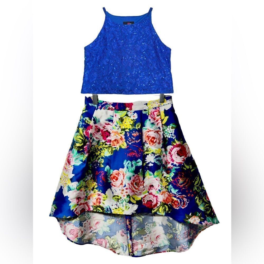 Two Piece Set Crop Halter Top Skirt Set Dark Blue Floral High Low Skirt Sparkly